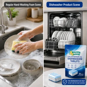 Regular hand-washing dish soap foam compared with dishwasher detergent for automatic dishwashers