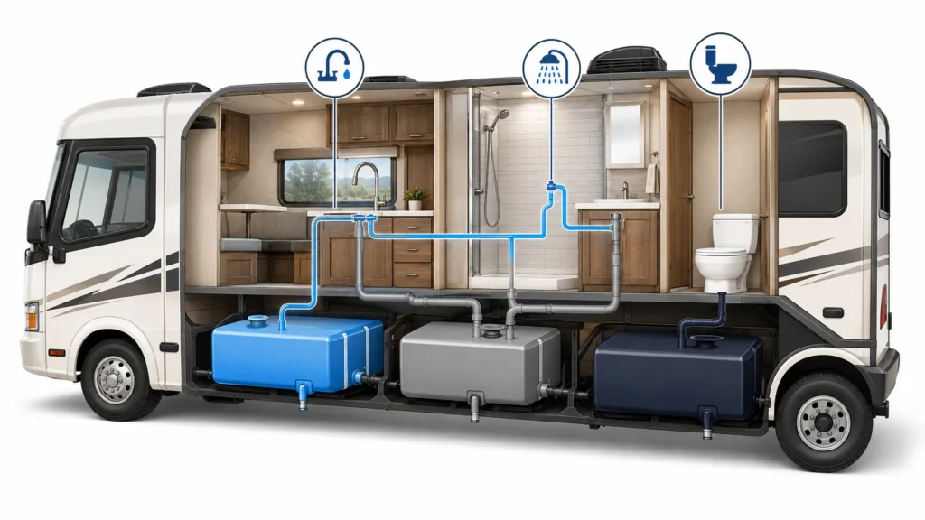 RV fresh water grey water and black water tank comparison