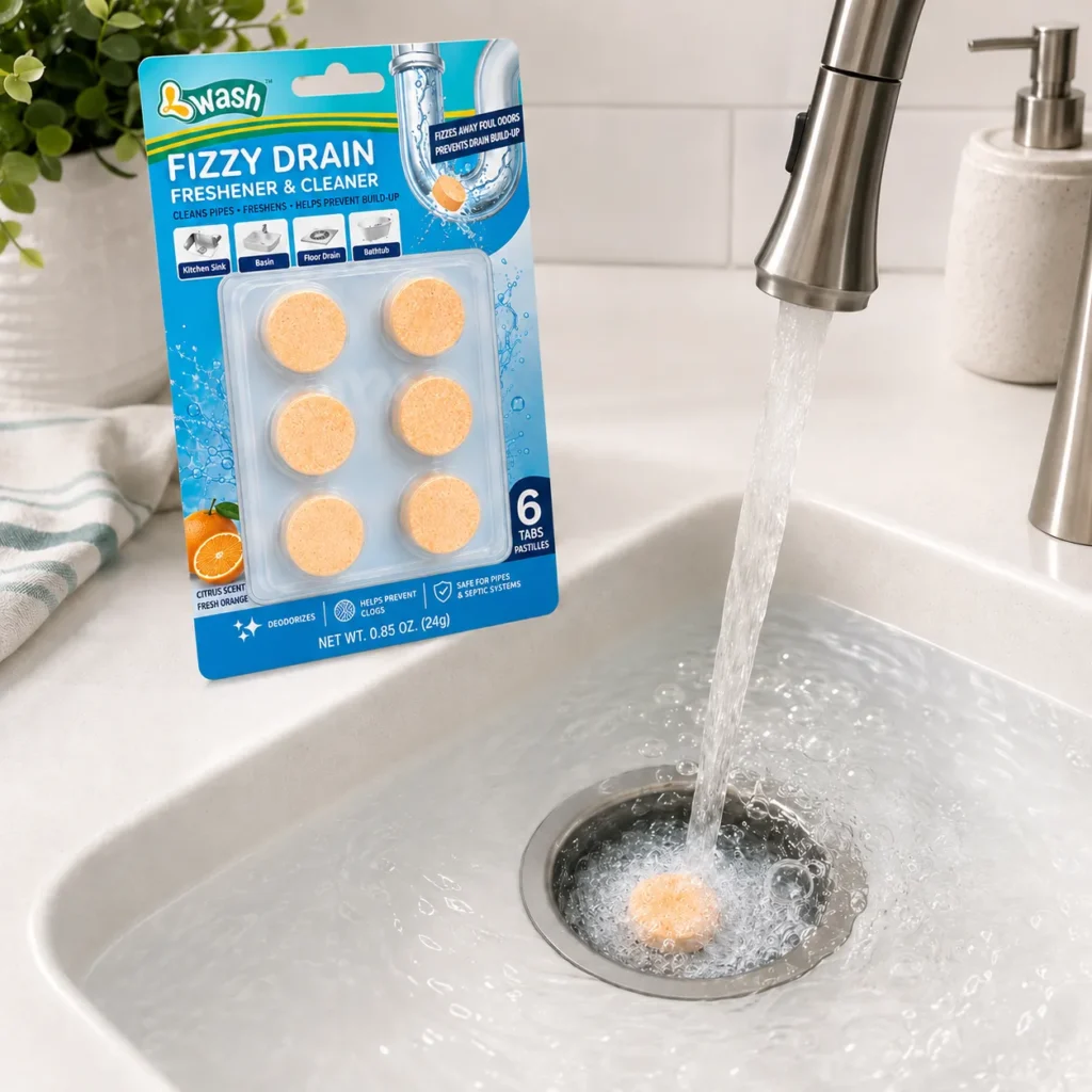 Fizzy drain cleaner tablets retail pack for sink basin floor drain and bathtub