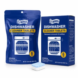 Back label of dishwasher cleaner tablets pouch with usage and safety information