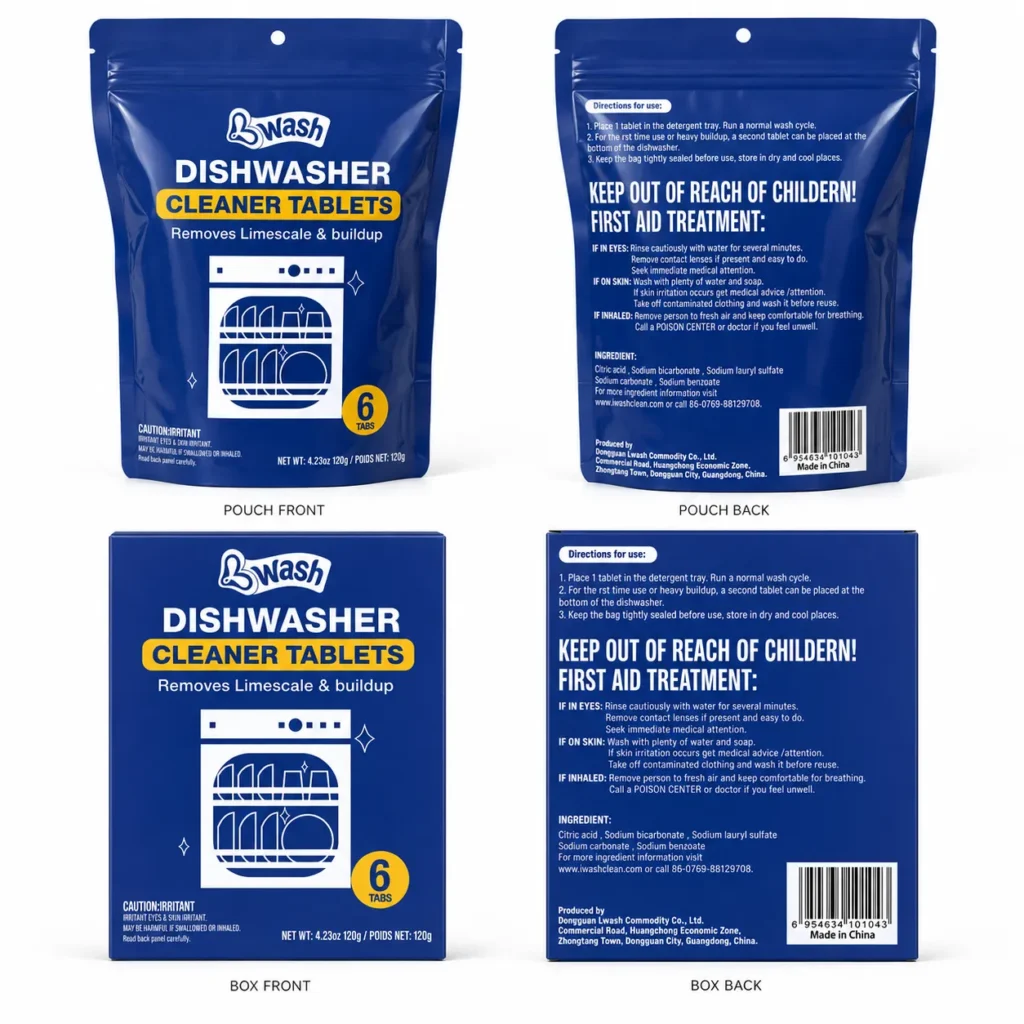 Dishwasher cleaner tablets 6 pack hanging pouch for private label supply