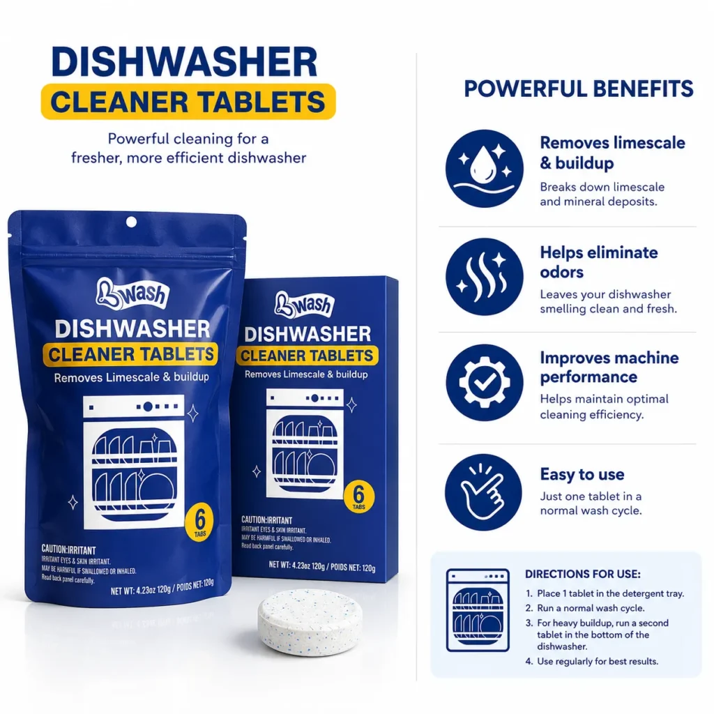 Back label of 6 pack dishwasher cleaning tablets with directions ingredients and warnings