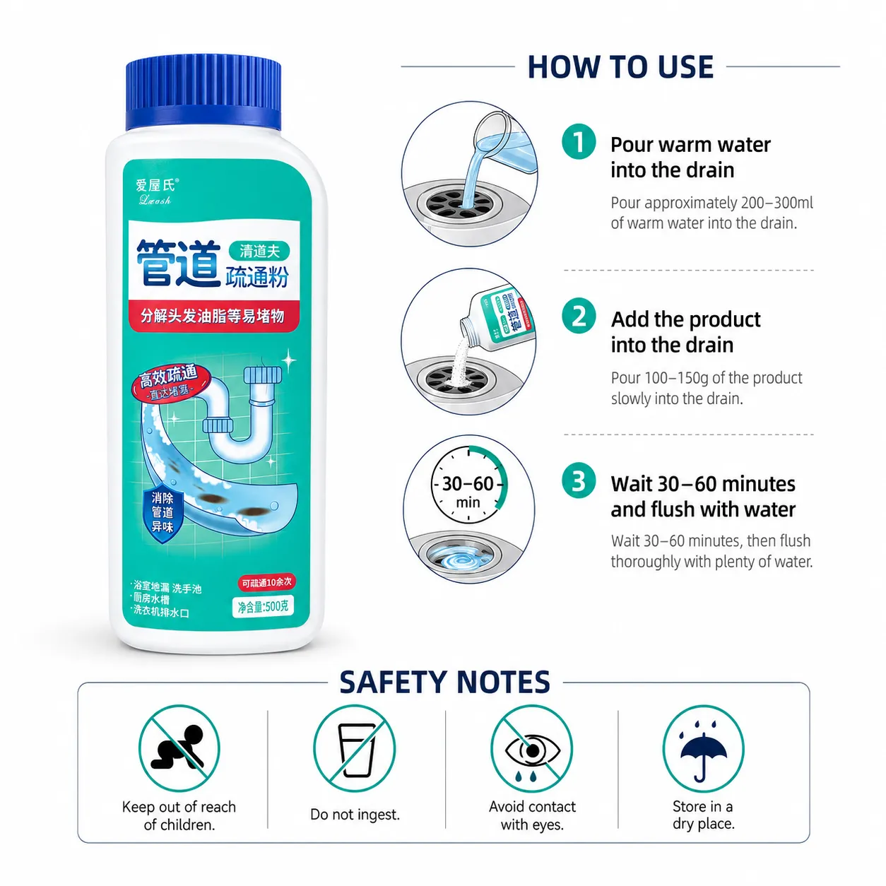 drain opener powder for kitchen sink wash basin and floor drain cleaning product