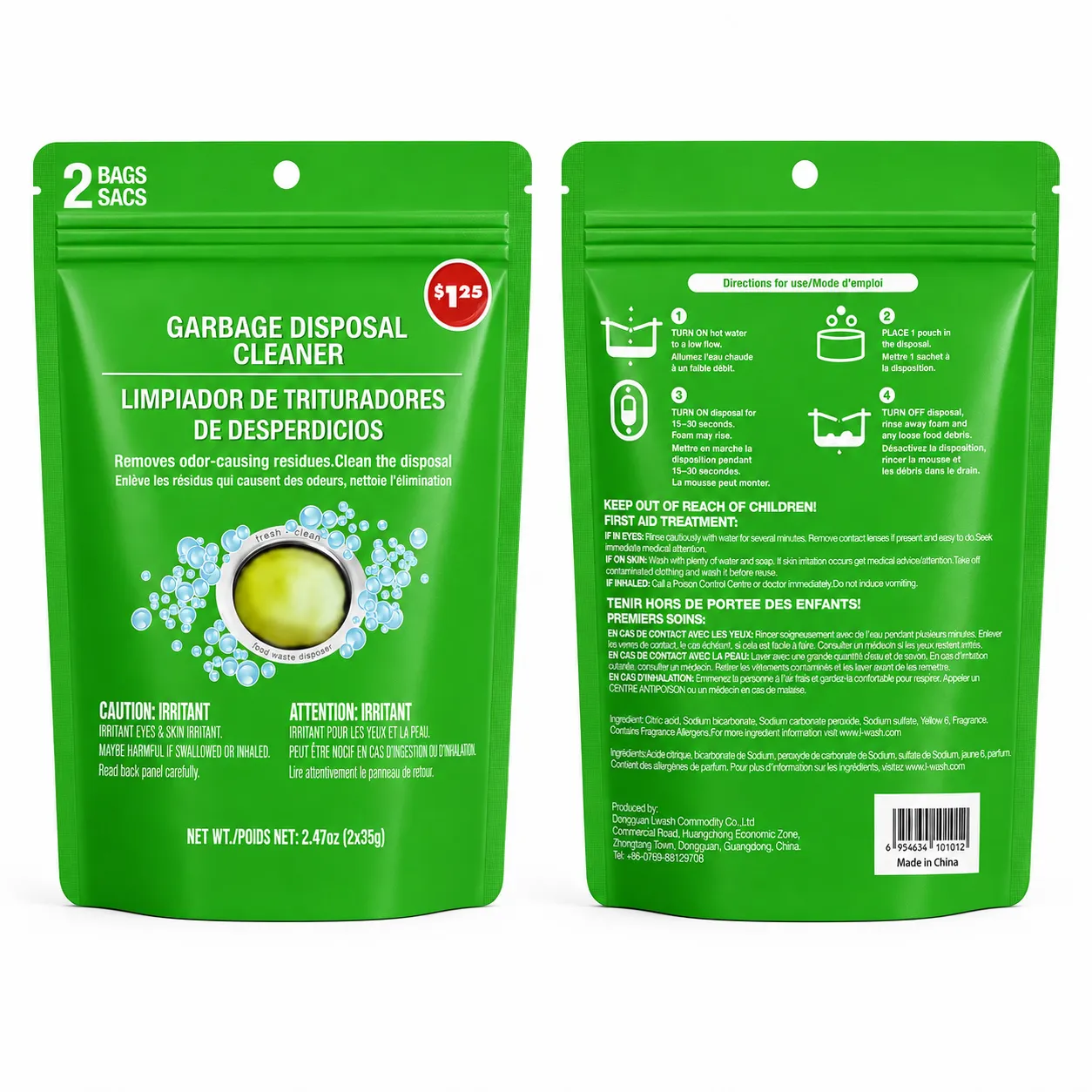back label of garbage disposal cleaner pouches with directions ingredients and warnings