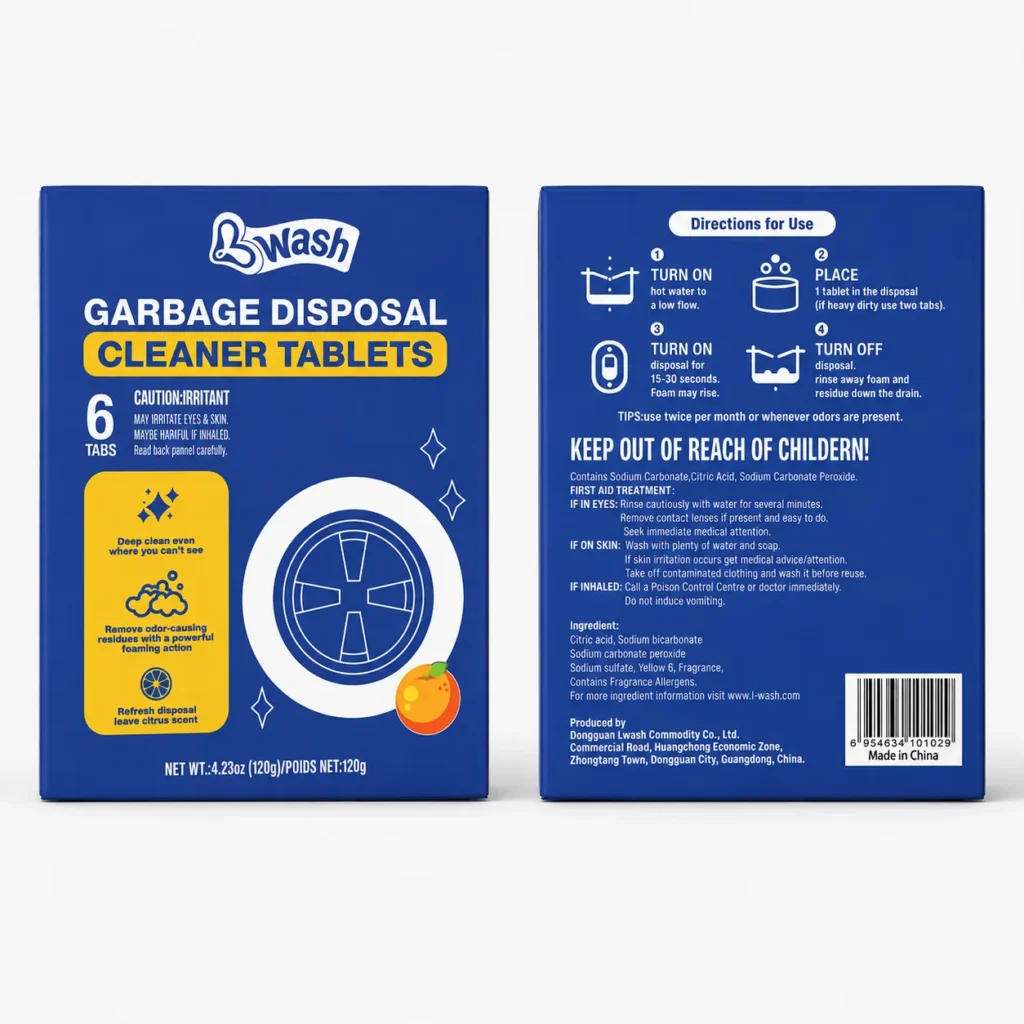 back label of 6 tab garbage disposal cleaner tablets box with directions and warnings