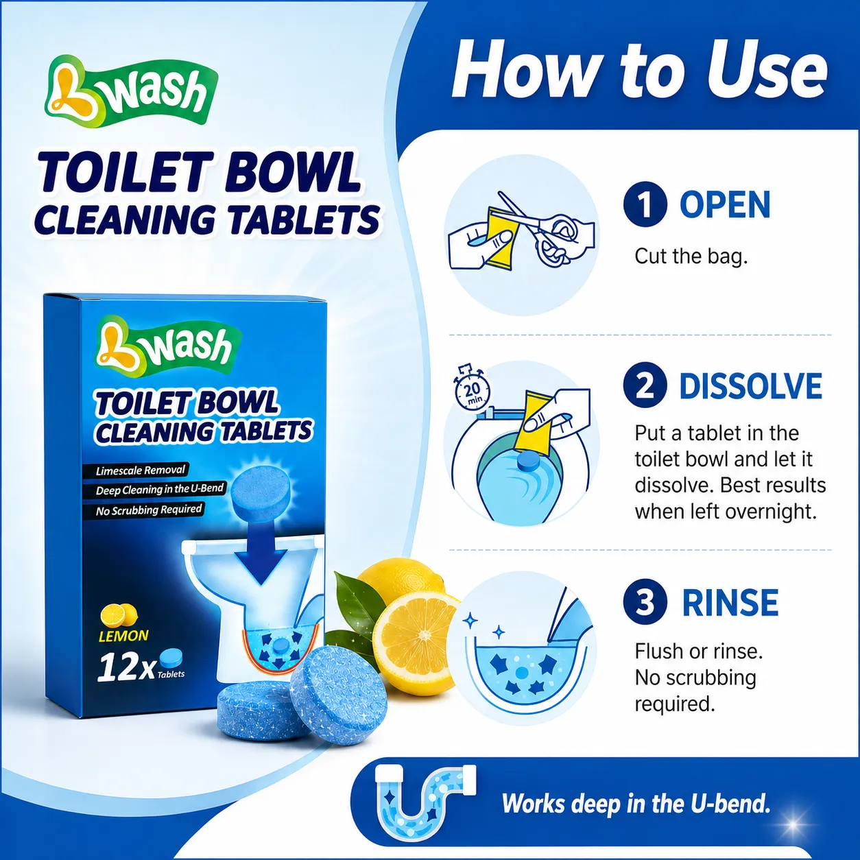 ack label of lemon toilet bowl cleaning tablets 12 x 20g with ingredients and warnings
