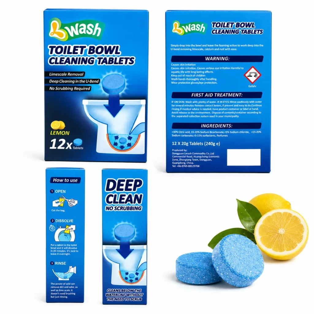 ack label of lemon toilet bowl cleaning tablets 12 x 20g with ingredients and warnings
