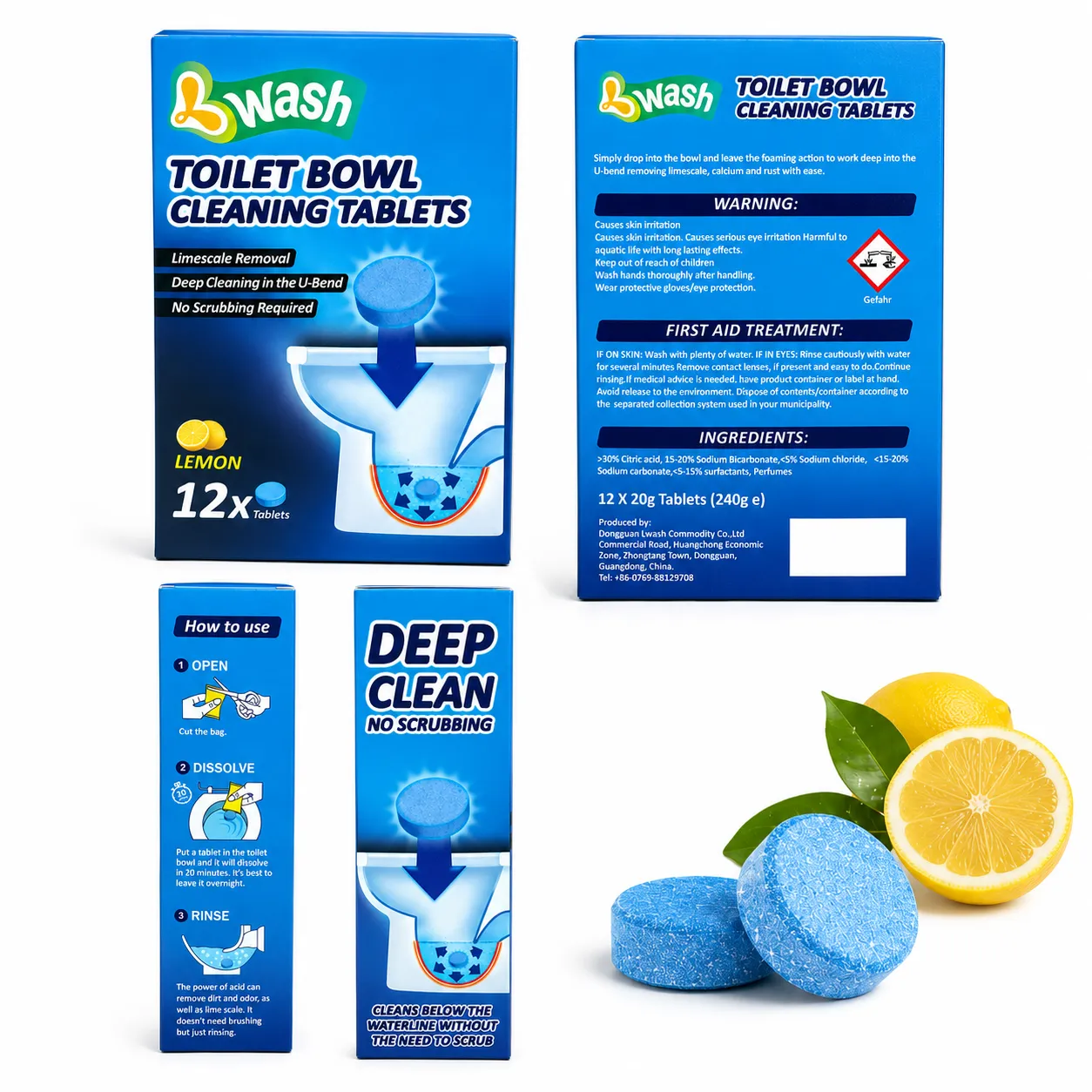 ack label of lemon toilet bowl cleaning tablets 12 x 20g with ingredients and warnings