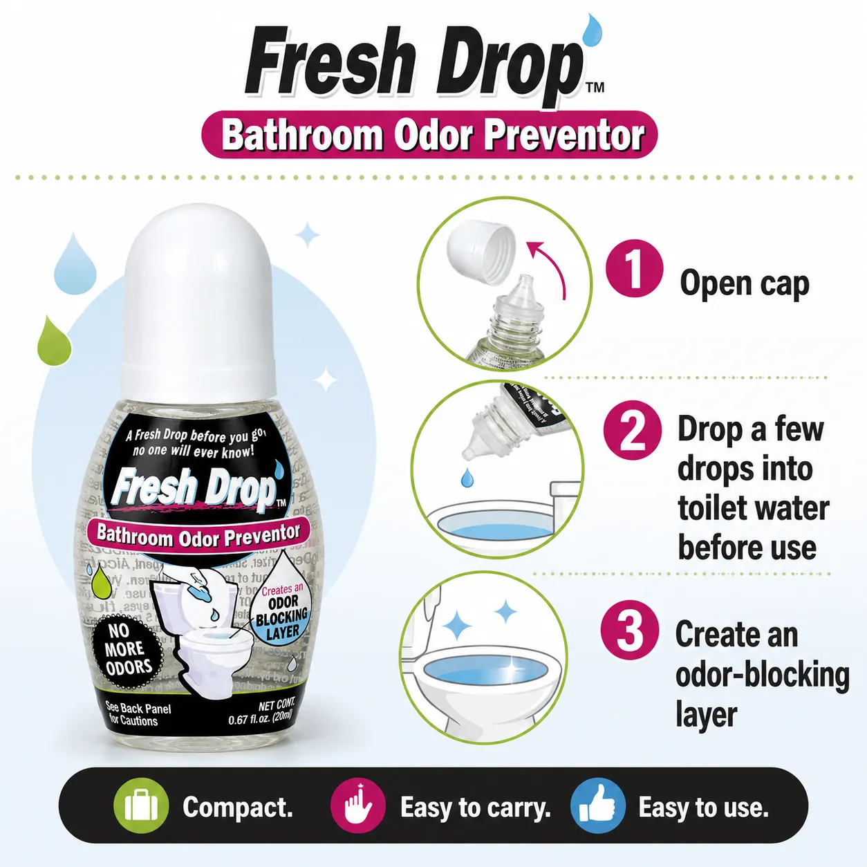 back panel of 10ml bathroom odor preventor drops with multilingual instructions and barcode