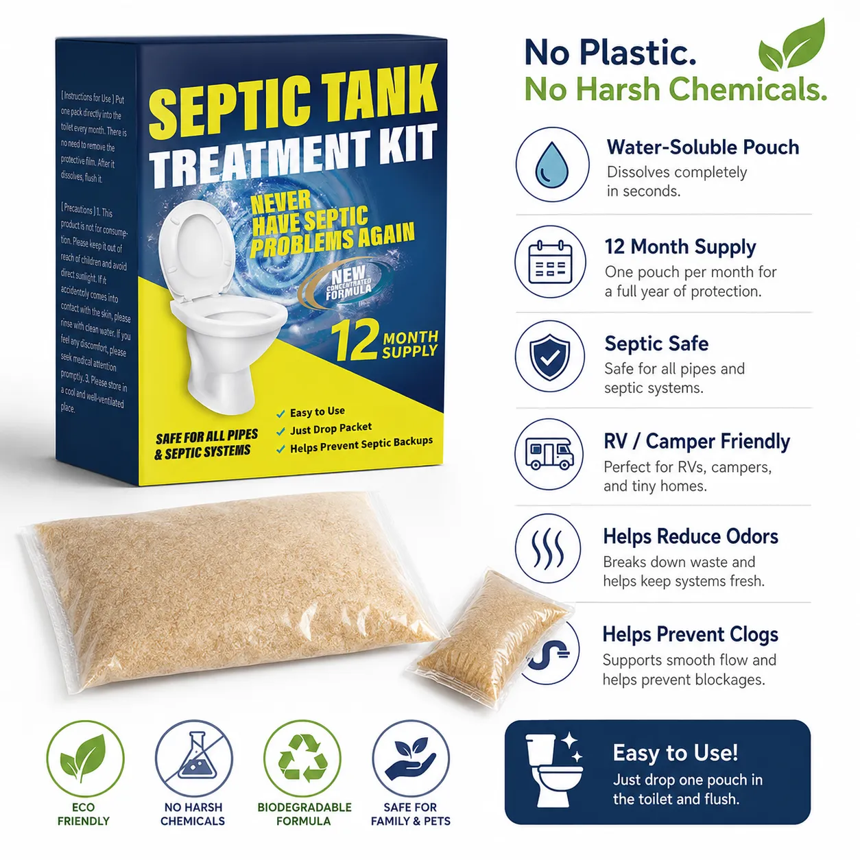 Septic tank treatment packets 12 month supply kit with OEM private label retail box