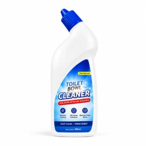 Liquid toilet bowl cleaner in angled neck squeeze bottle