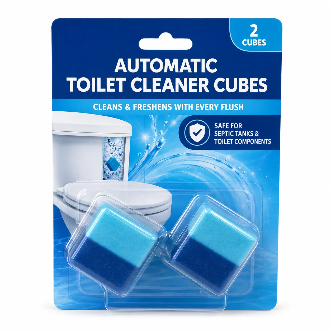 Automatic toilet bowl cleaner tablets two pack with blue in-tank cubes