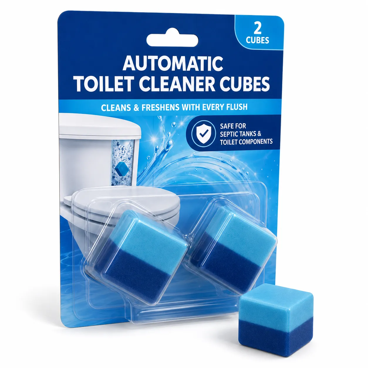 Blue in-tank toilet cleaner cubes with water-soluble protective wrappers