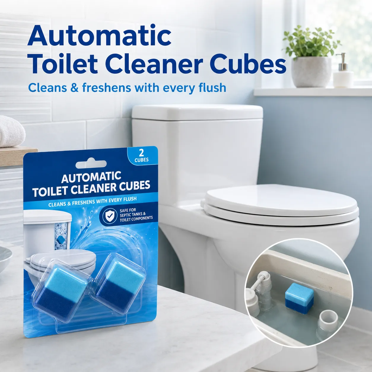 Alt Text: Automatic toilet bowl cleaner tablets packaging with in-tank use instructions