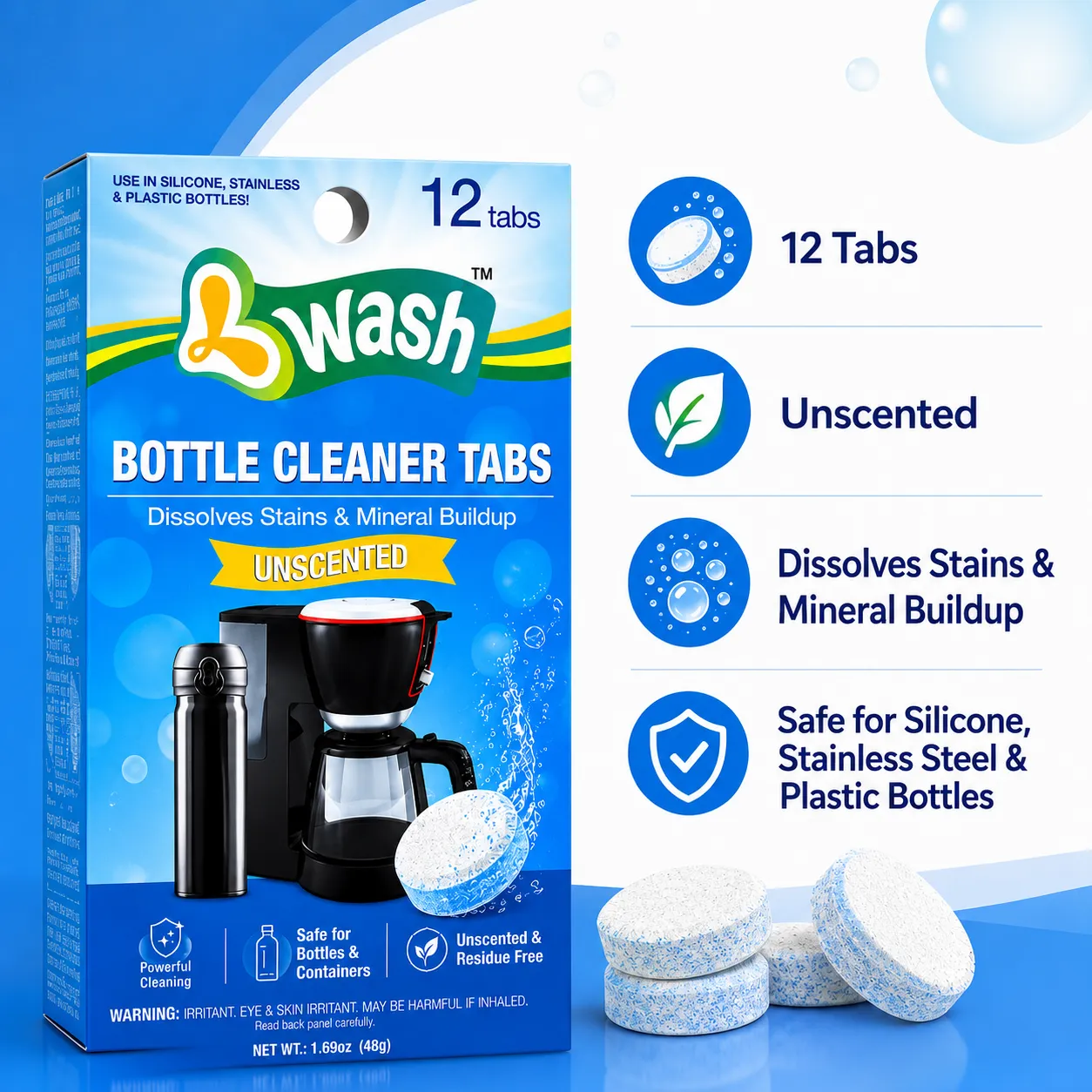 Water bottle cleaning tablets retail box for silicone stainless steel and plastic bottles