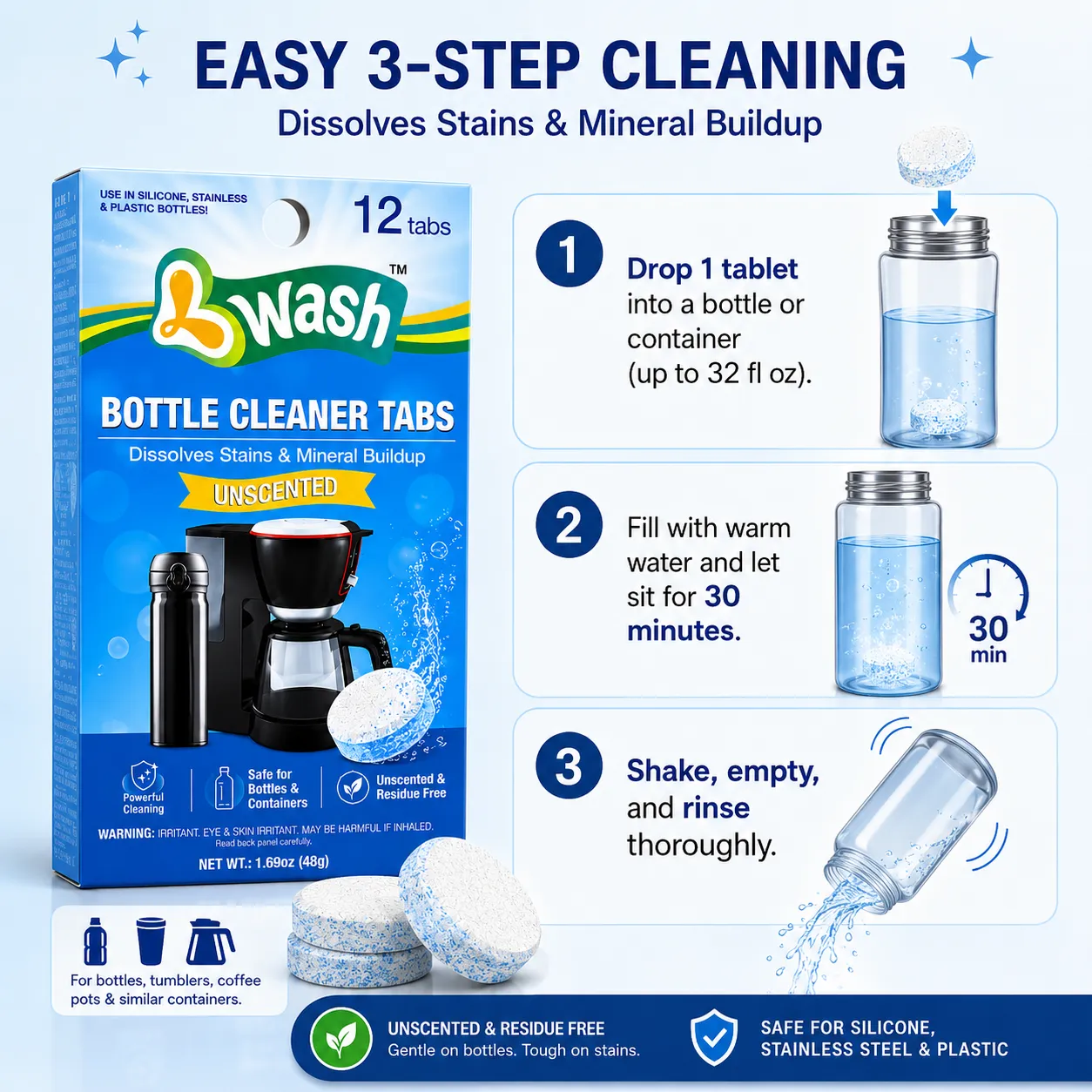 Unscented bottle cleaner tabs for private label and bulk supply