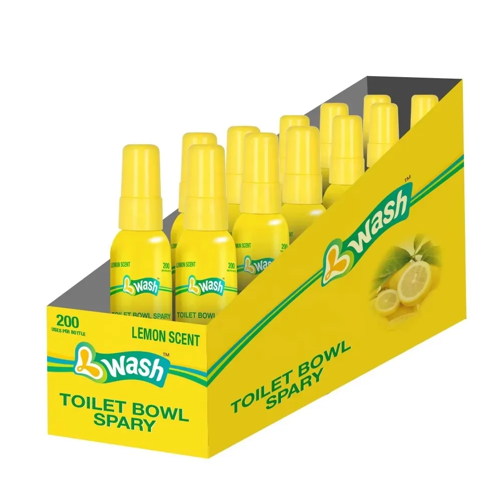 Alt Text: Private label toilet odor spray 60ml display packaging