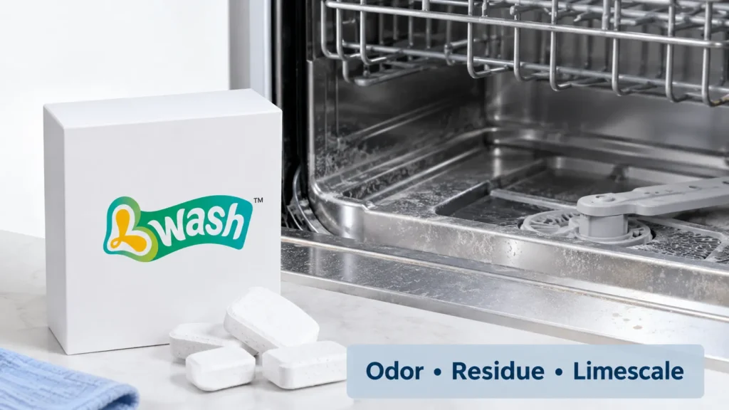 dishwasher interior with cleaner tablets for odor residue and limescale care