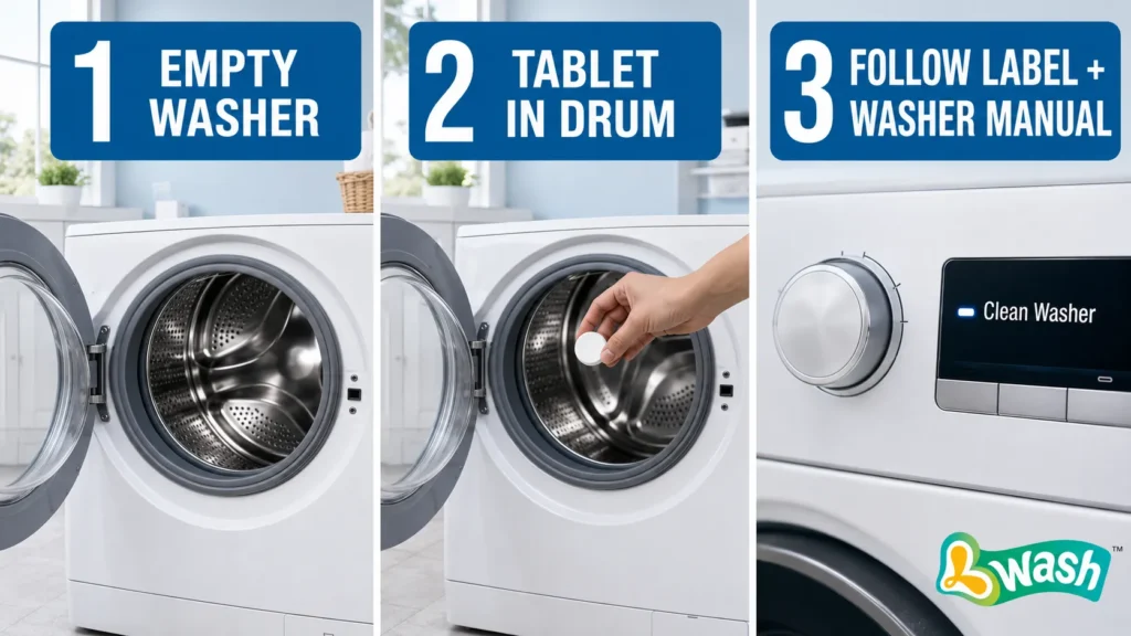 one washing machine cleaner tablet placed directly in an empty washer drum