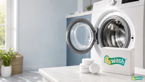 `washing machine cleaner tablets beside an empty front-load washer`