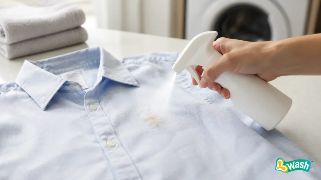 applying stain remover spray to a small stain on a cotton shirt before washing