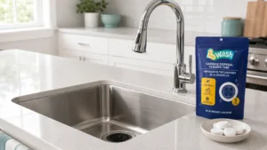 garbage disposal cleaner tablets beside a stainless steel kitchen sink