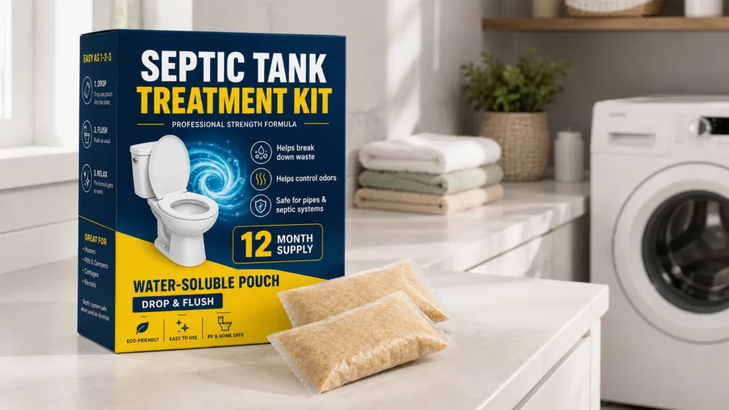 lidded bathroom bin beside toilet paper for septic system care