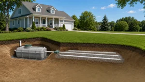 household septic tank and drainfield beneath a residential lawn