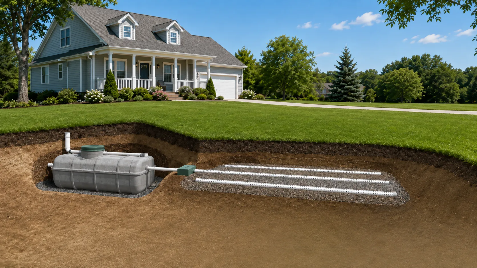 household septic tank and drainfield beneath a residential lawn