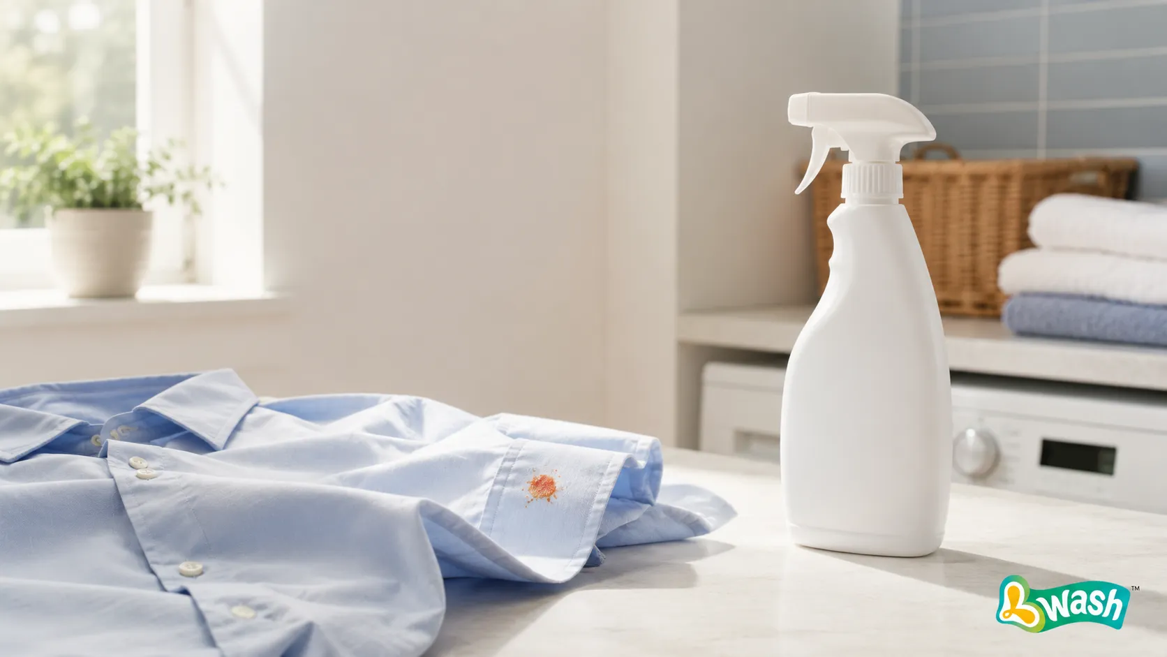 stain remover spray beside a cotton shirt with a small fresh food stain
