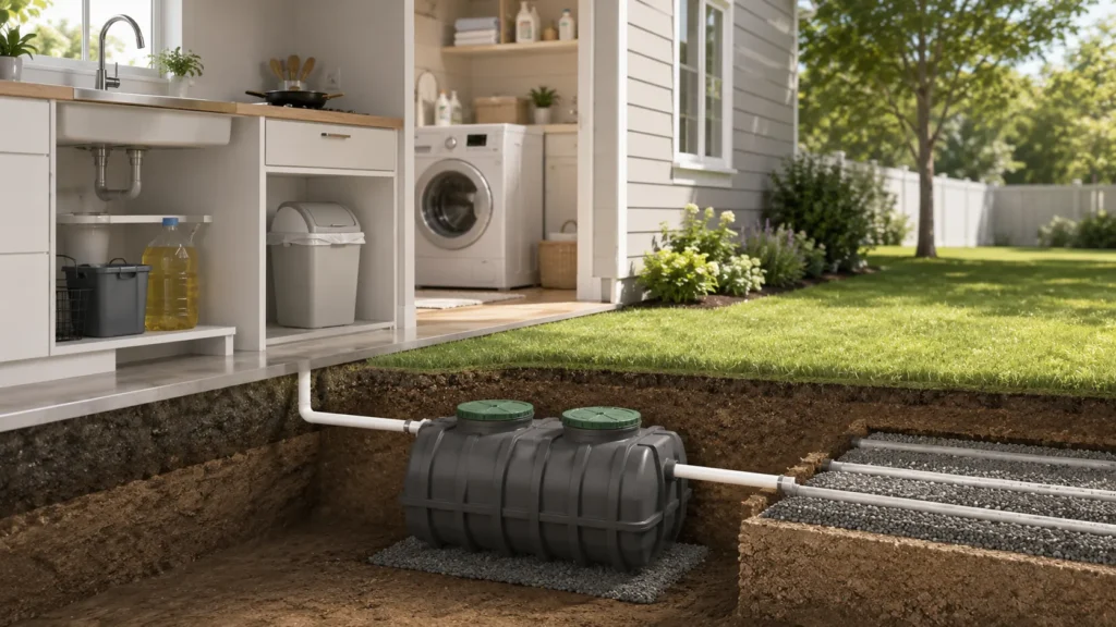 lidded bathroom bin beside toilet paper for septic system care