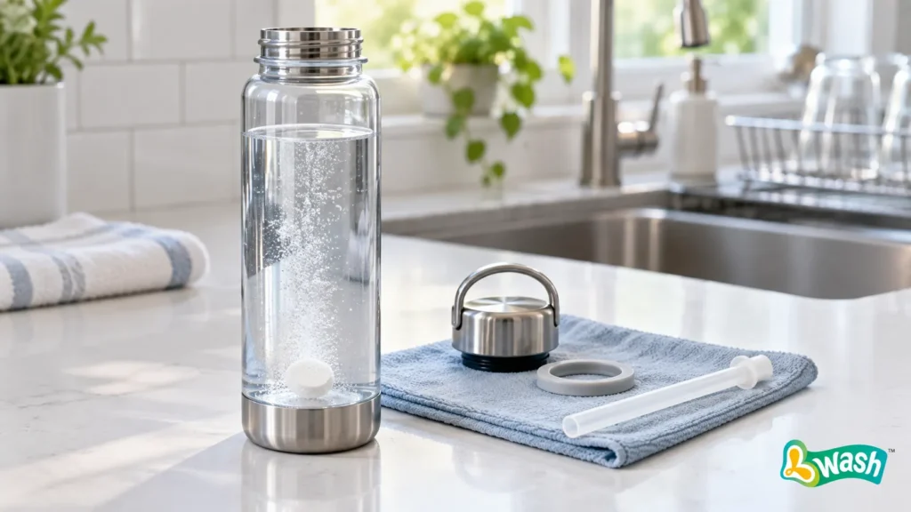 open reusable water bottle with a cleaning tablet dissolving in warm water before rinsing