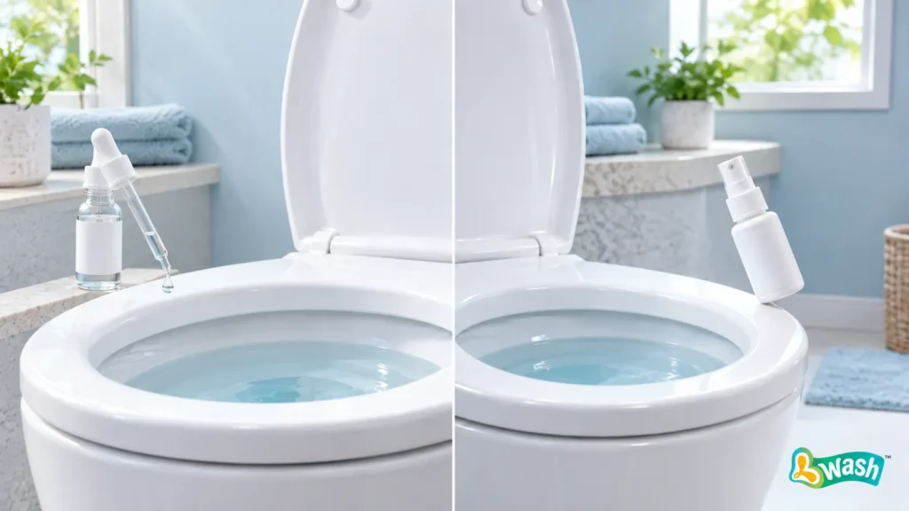 unbranded toilet odor drops and pump spray arranged beside a toilet bowl