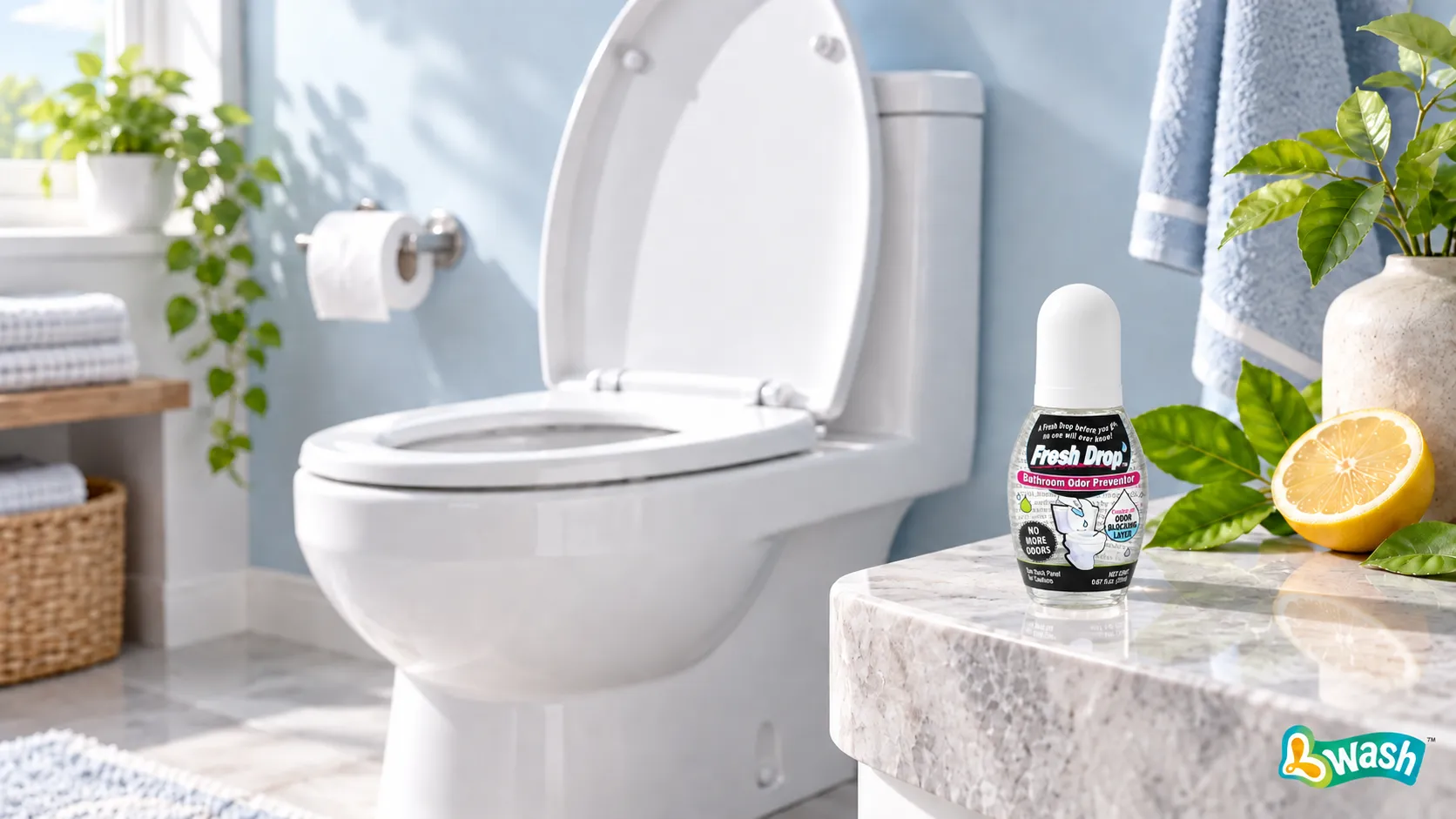 travel-size toilet odor drops beside a clean modern toilet in a bright bathroom