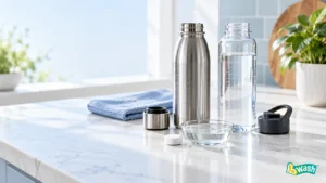 open reusable water bottle with a cleaning tablet dissolving in warm water before rinsing