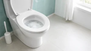 foaming toilet bowl cleaner powder creating foam in a clean white toilet bowl