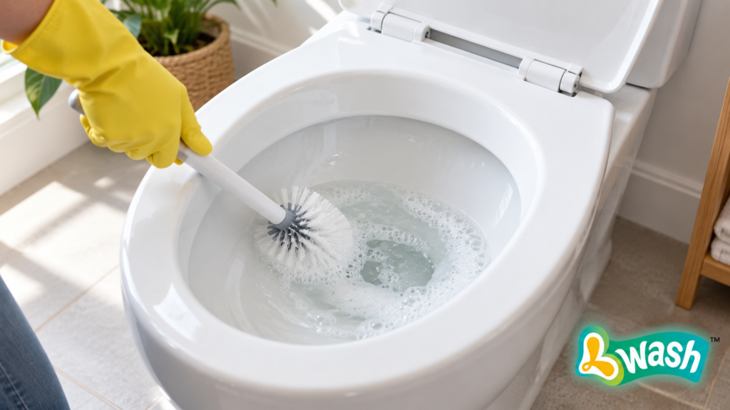 Toilet brush reaching the bowl surface during a foaming tablet cleaning routine |