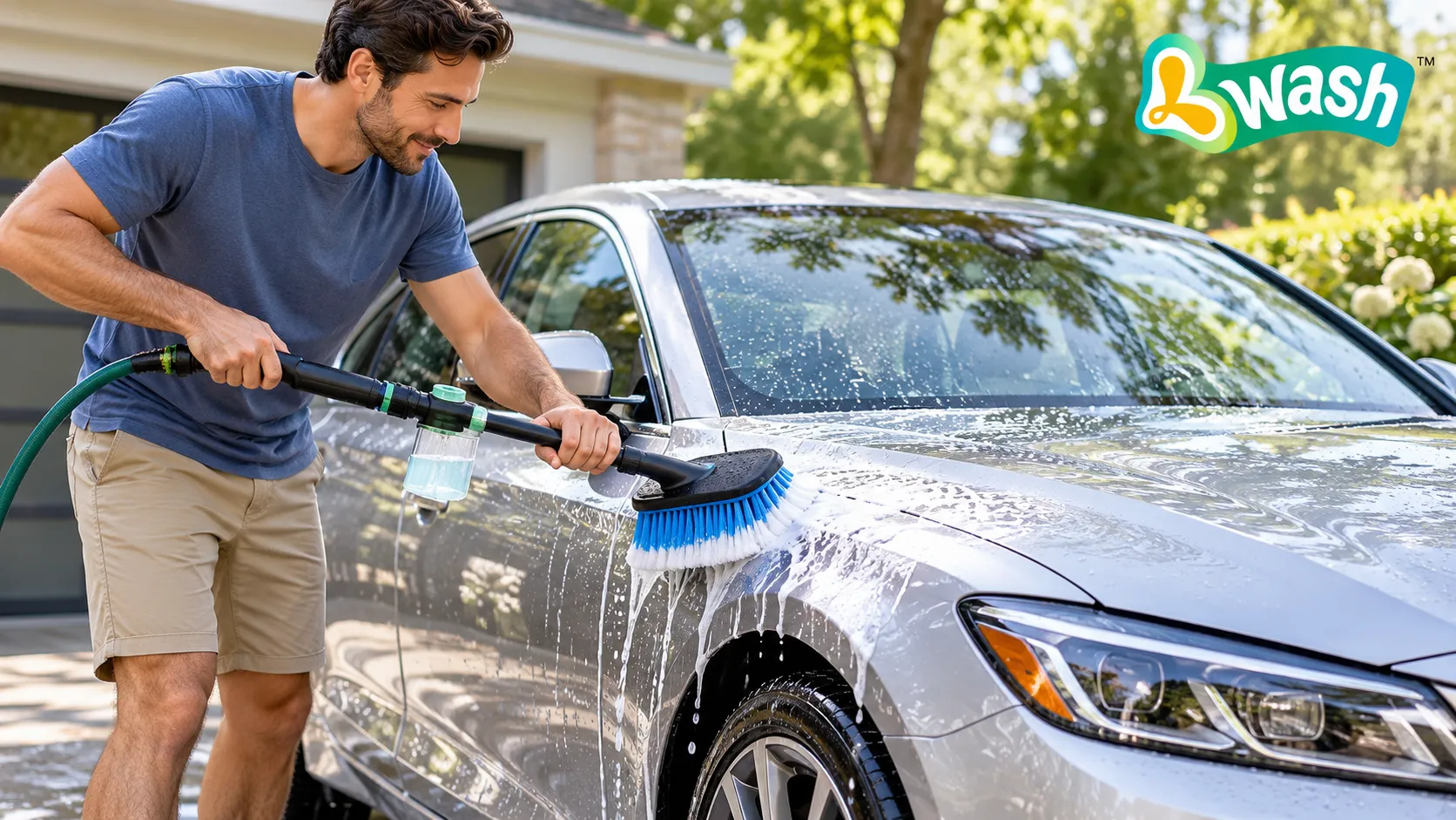 handheld car wash brush with soap dispenser used on a silver car |