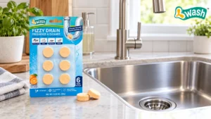 Drain cleaning tablets and their packaging beside a clean kitchen sink