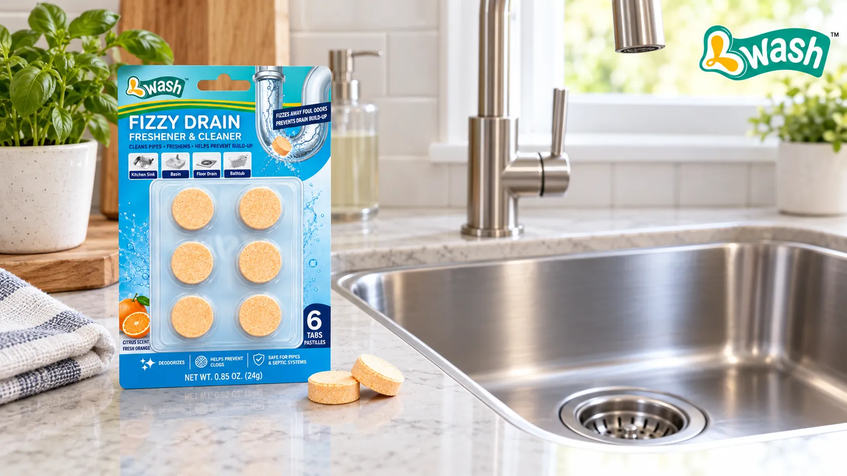 Drain cleaning tablets and their packaging beside a clean kitchen sink