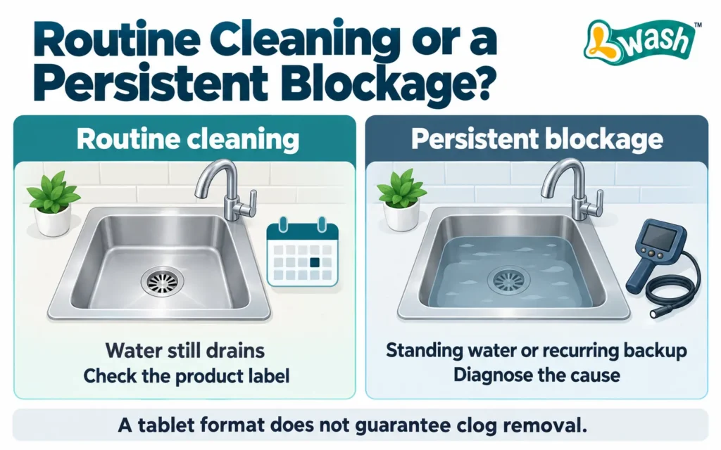 Two-panel illustration comparing routine sink drain cleaning with a persistent blockage that needs diagnosis