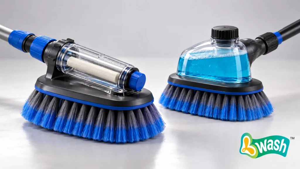 rinsing grit from a handheld car wash brush head before washing a car