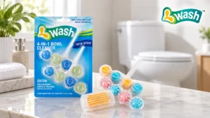 Multi-ball toilet rim hanger and retail packaging on a dry countertop beside a toilet