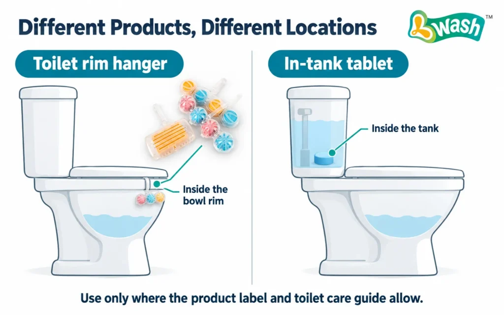 Diagram showing a rim hanger inside the bowl rim and a tank tablet inside the water tank